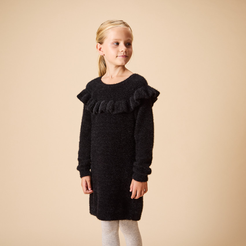 Vestido de manga larga de punto suave con volantes para niña 