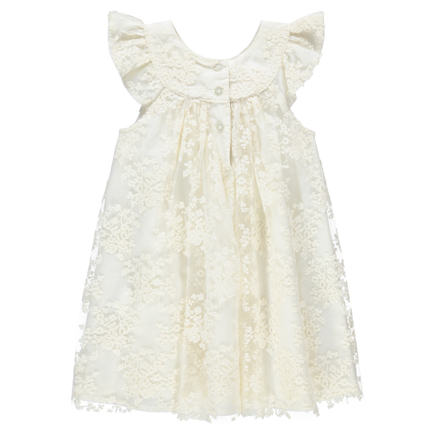 Vestido de fiesta de manga corta con encaje y flores bordadas 