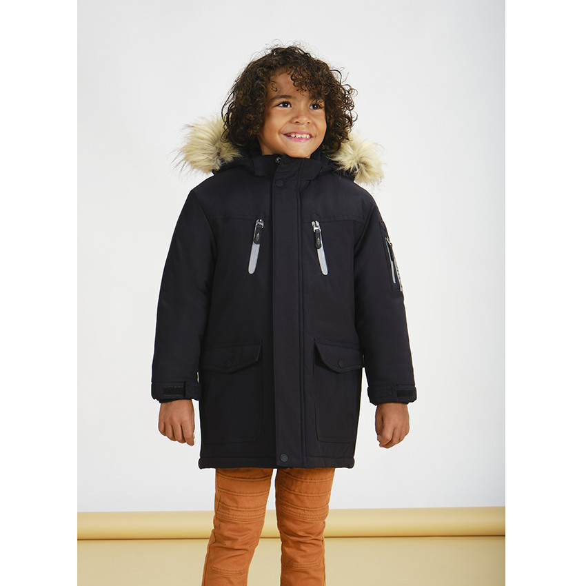 Parka en poliéster con capucha con pelo falso y forro micropolar para niño 