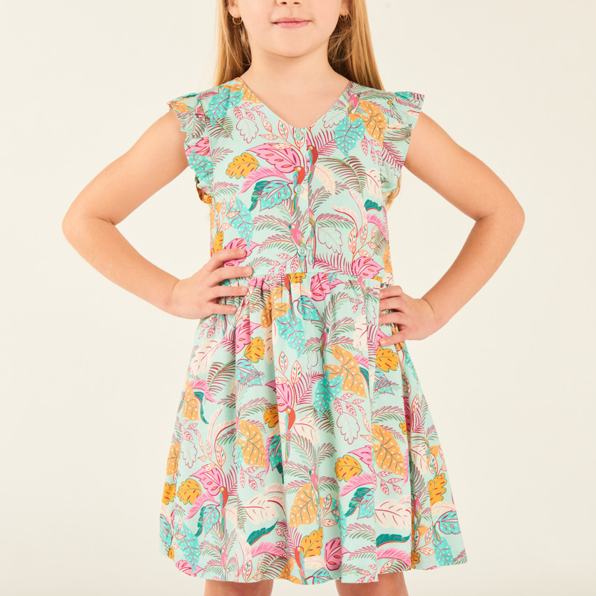 Ropa de niña con mangas de volante en gasa de impresión tropical 