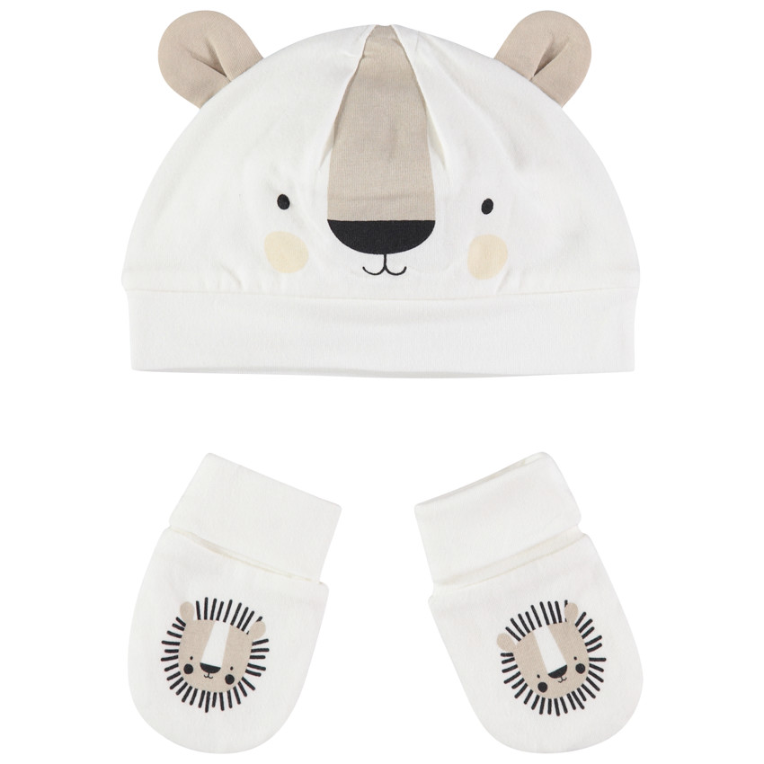 Conjunto gorro y manoplas estampado ourson en algodon bio 