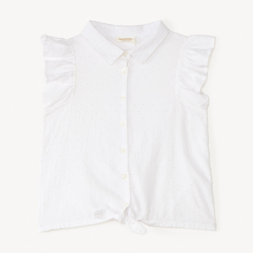 Camisa de manga corta con volantes y lazo en la cintura para niña 