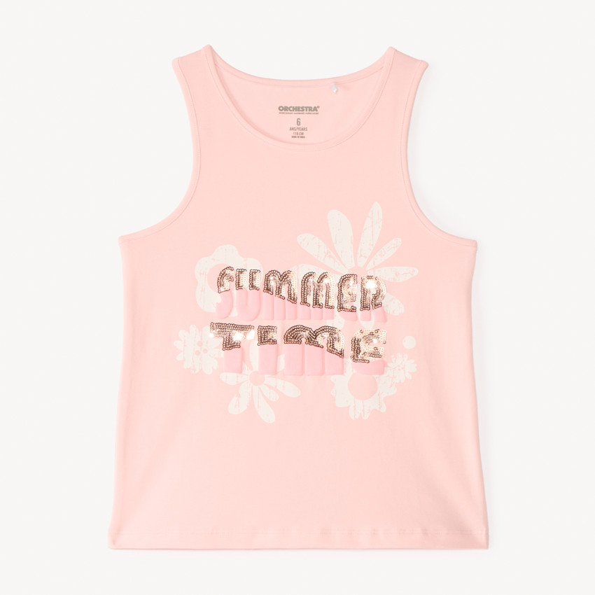 Camiseta sin mangas con estampado floral y brillos para niña 