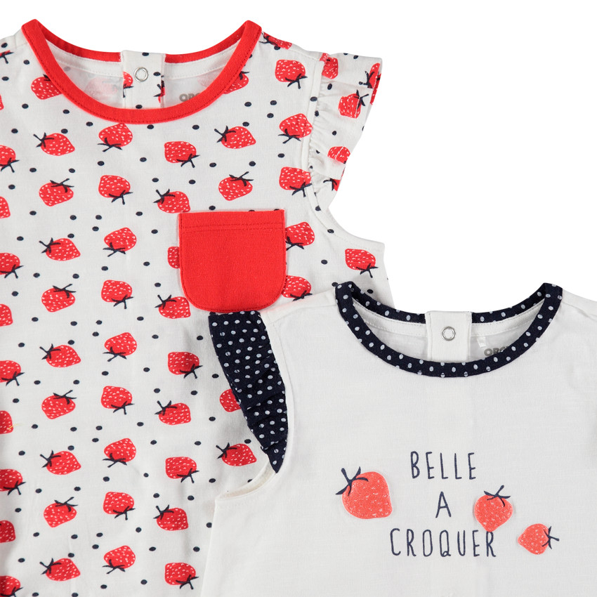 Pack de 2 peleles cortos de algodón con estampado de fresas para niña.  Additional Pack de 2 peleles cortos de algodón con estampado de fresas para niña.