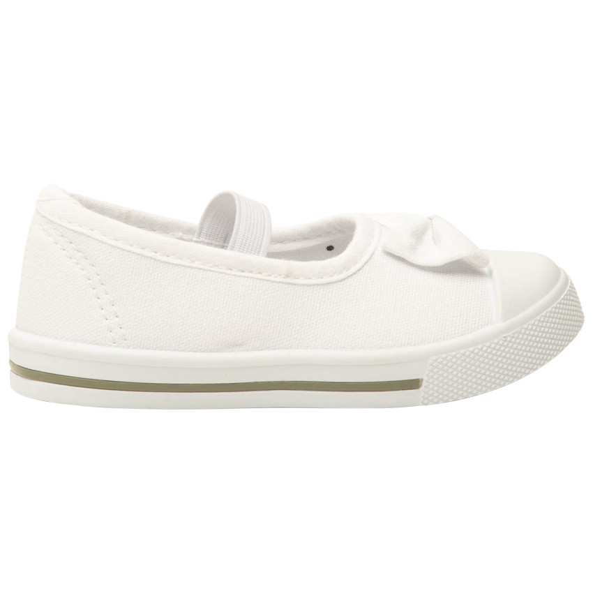 Babies blancas de lona con lazo y tirante elástico para niña 