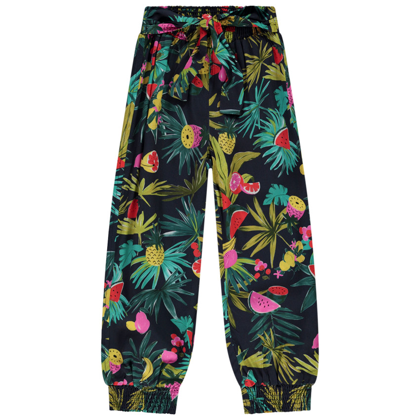 Pantalón pantacourt fluido con cinturón y estampado exótico niña 