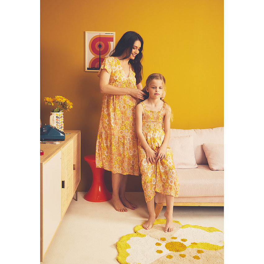 Vestido de manga corta con volantes y estampado retro para mujer 