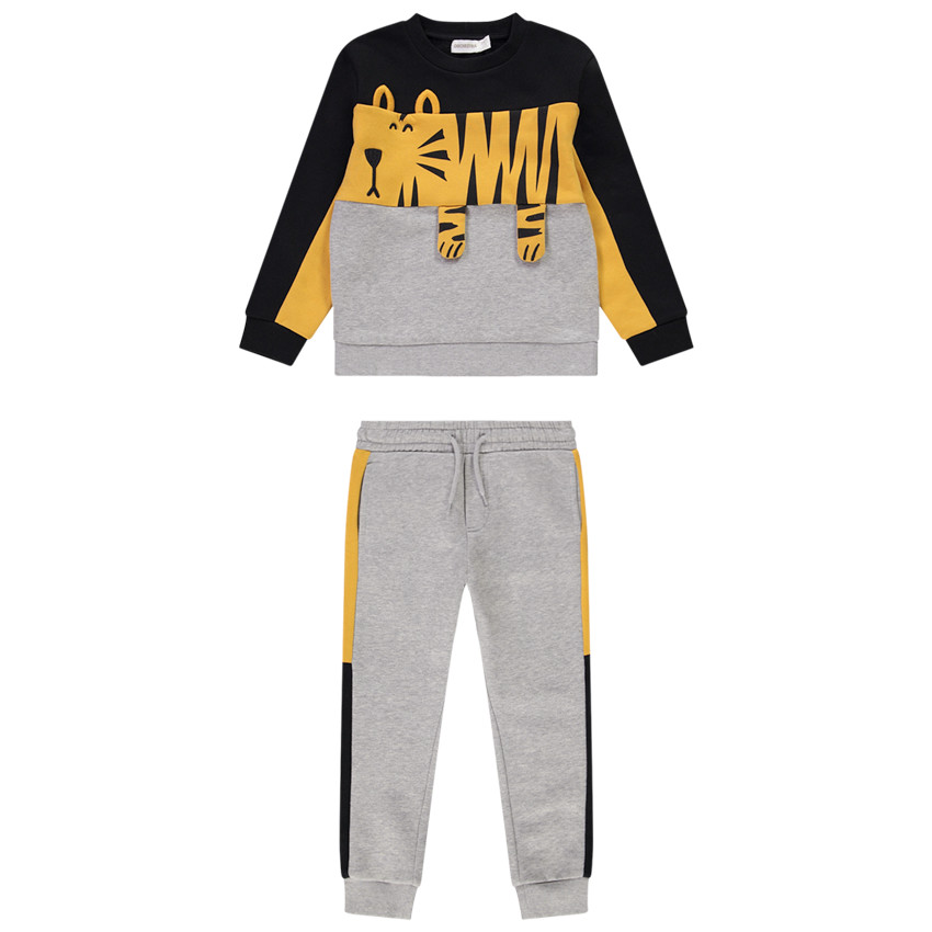 Conjunto en lana con sudadera color block divertida + pantalón de chándal para niño 