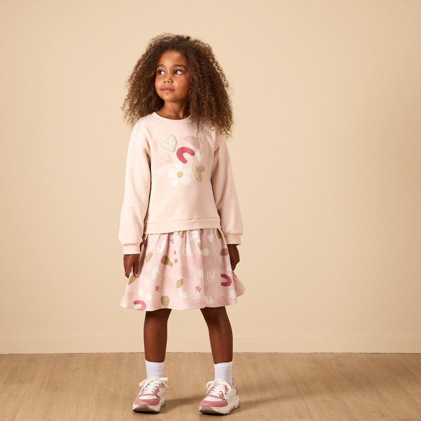 Vestido de manga larga efecto 2 en 1 de dos materiales para niña 