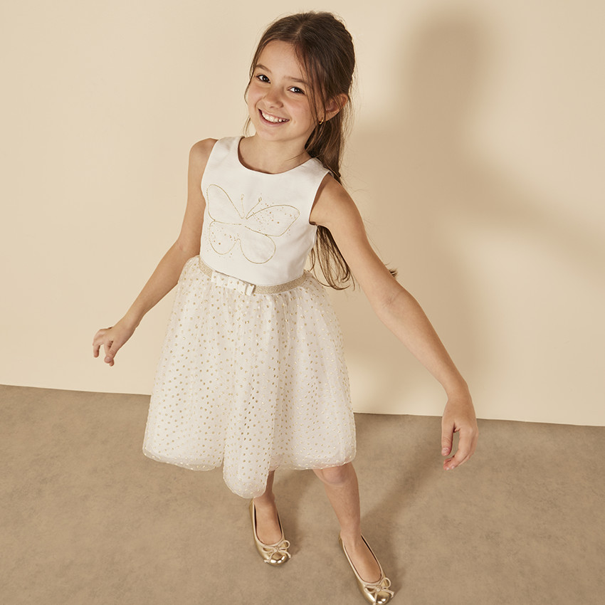 Vestido de ceremonia en crêpe y tul para niña 