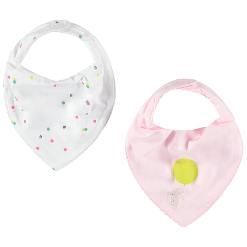 Lot de 2 bavoirs forme bandana blanc à pois / rose à print fantaisie 