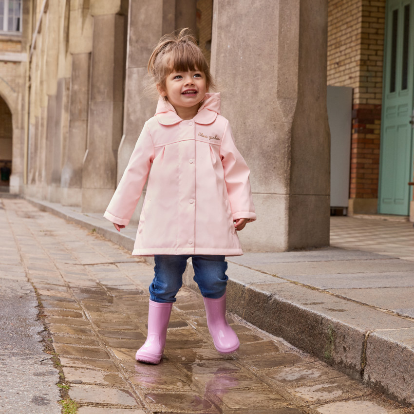 Parka de goma lisa rosa con capucha desmontable para bebé niña 