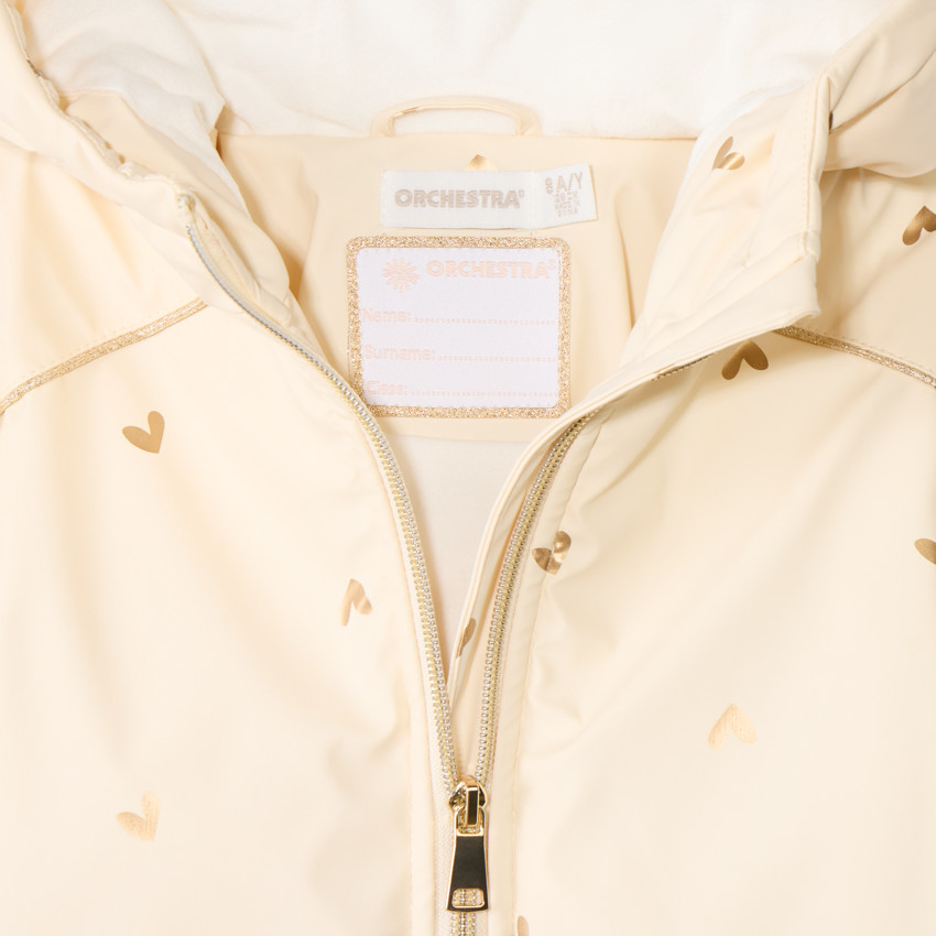 Parka de goma y terciopelo con estampado de corazones iridiscentes para niña 