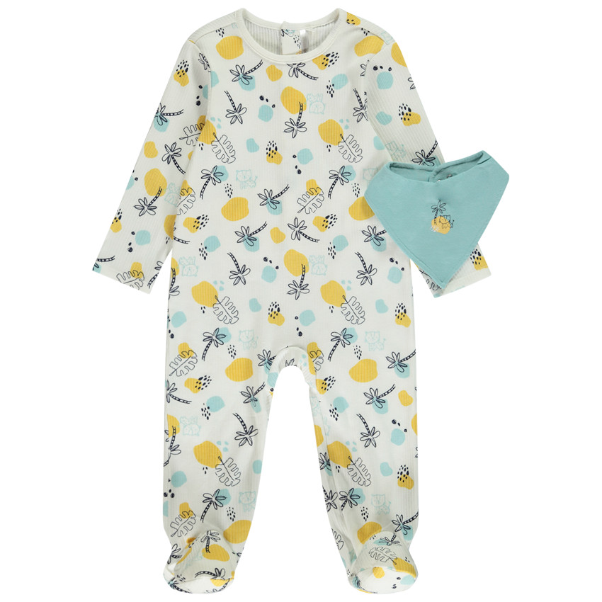 Pelele efecto acanalado con estampado fantasía + babero para bebé niño con diferentes aperturas según la edad 