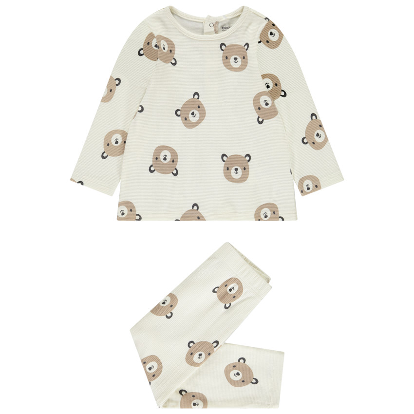 Conjunto de pijama en tejido de nido de abeja impreso con ositos para bebé con acabados diferentes según la edad. 