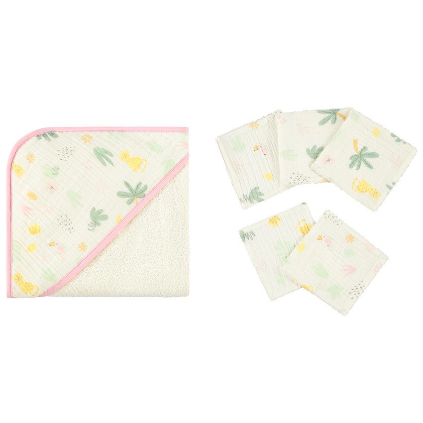 Set de baño con 5 lingettes estampadas de jungla para niña. 