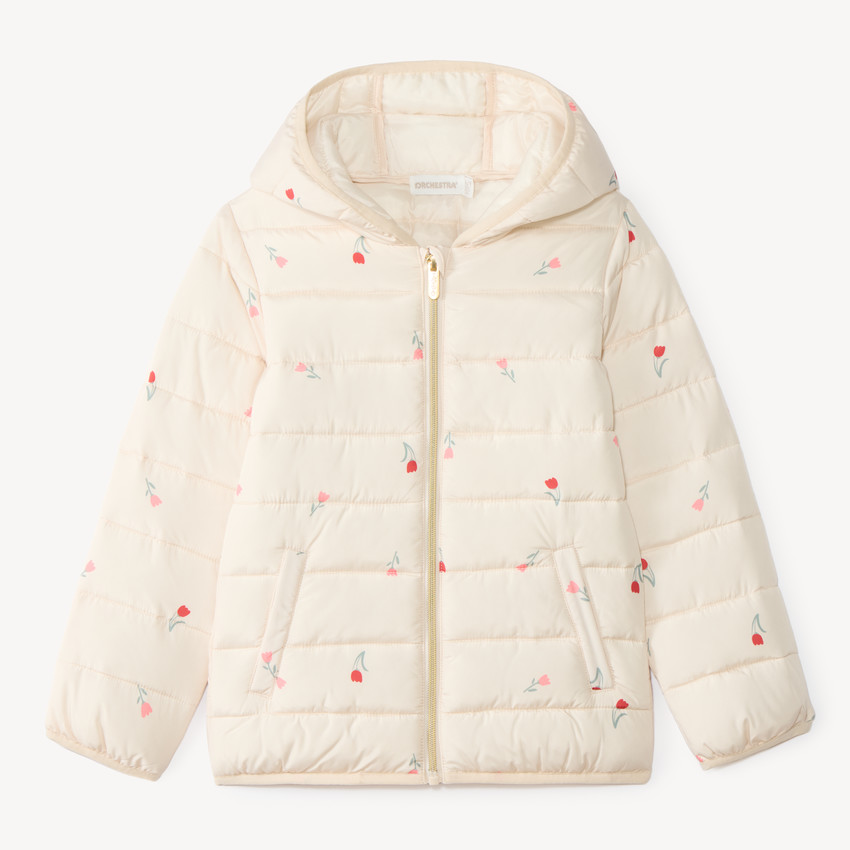 Chaqueta acolchada para niña con capucha y estampado de flores 