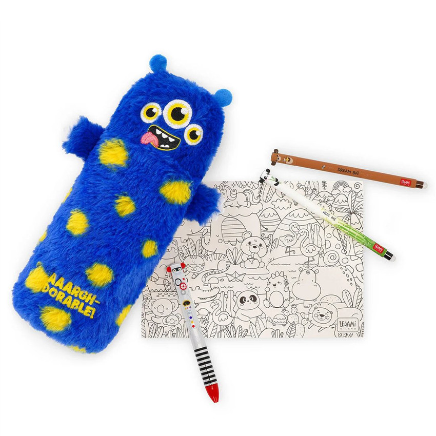 Estuche escolar de peluche Monster azul 