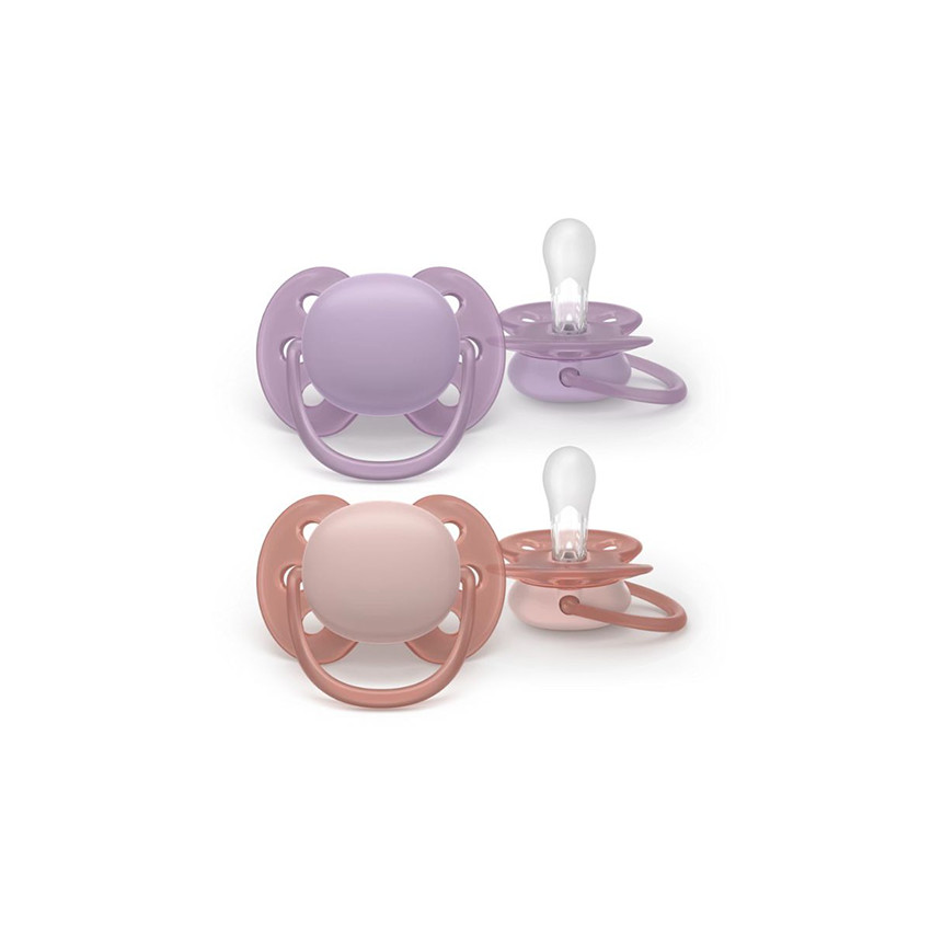 Lote de 2 chupetes de silicona 6-18M Ultra Soft lila y rosa 