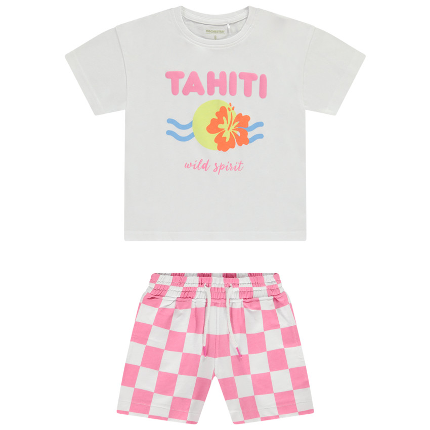 Conjunto camiseta manga corta fantasía + short de cuadros para niña 