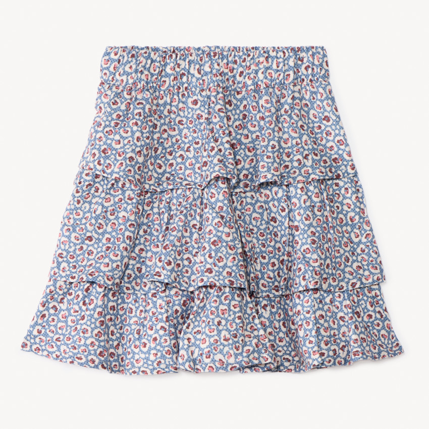 Falda corta con volantes y estampado fantasía niña 