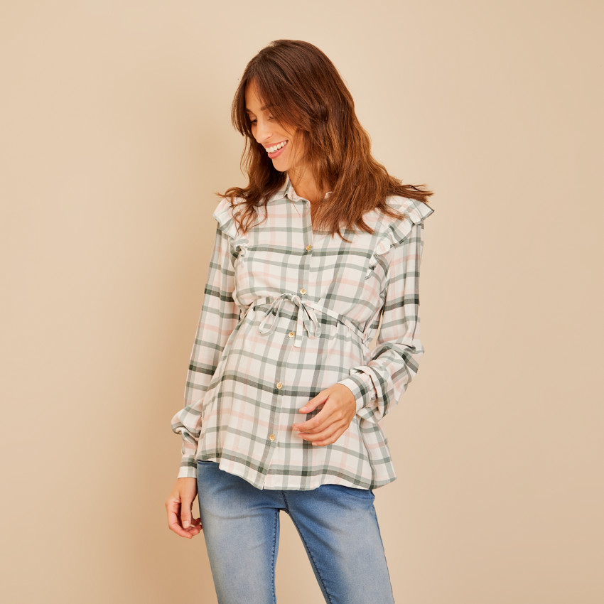 Camisa de cuadros de manga larga con cinturón para mujer 