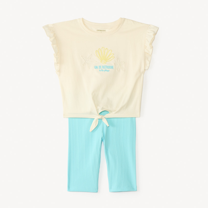 Conjunto de 2 piezas camiseta + shorts con bordado de conchas para niña 