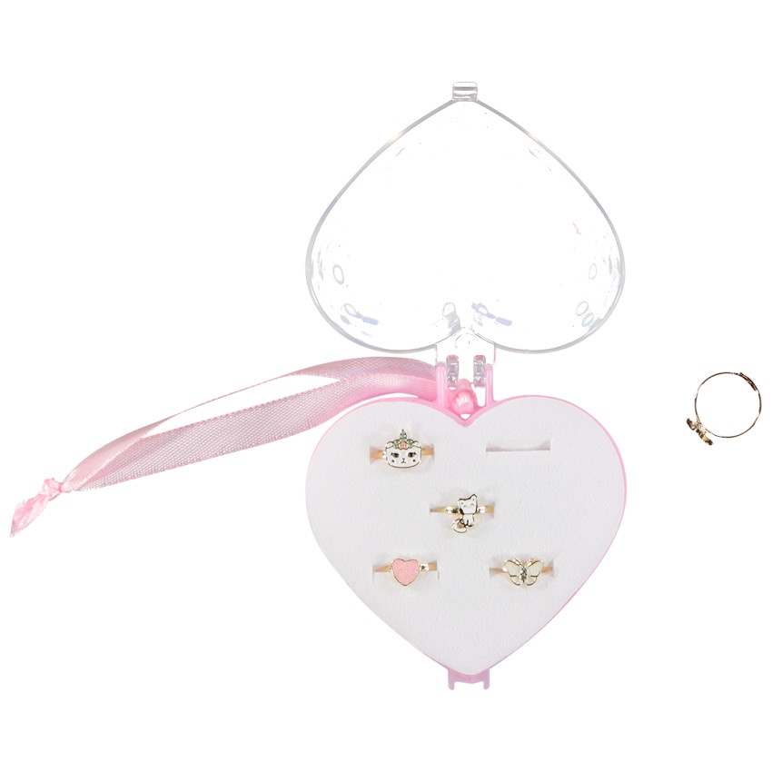 Pack de 5 anillos de fantasía con caja en forma de corazón para niña 