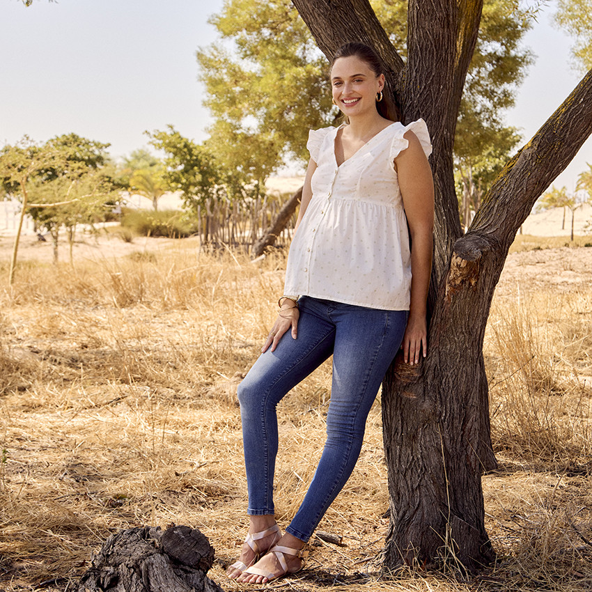 Blusa de manga corta con volantes y estampado para mujer 