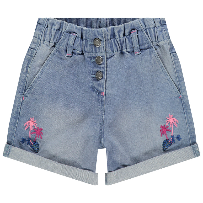 Short en jean élastiqué à palmiers brodés  Additional Short en jean élastiqué à palmiers brodés