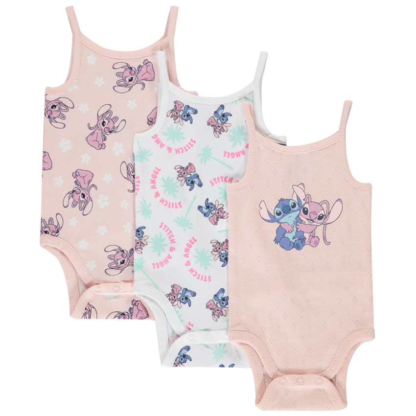 Pack de 3 bodies tipo camiseta de tirantes Stitch & Angel Disney para bebé niña 