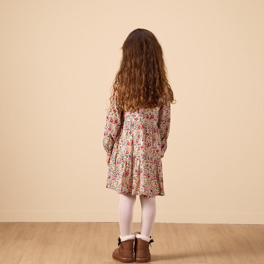 Vestido de flores sin cuello y manga larga para niña 