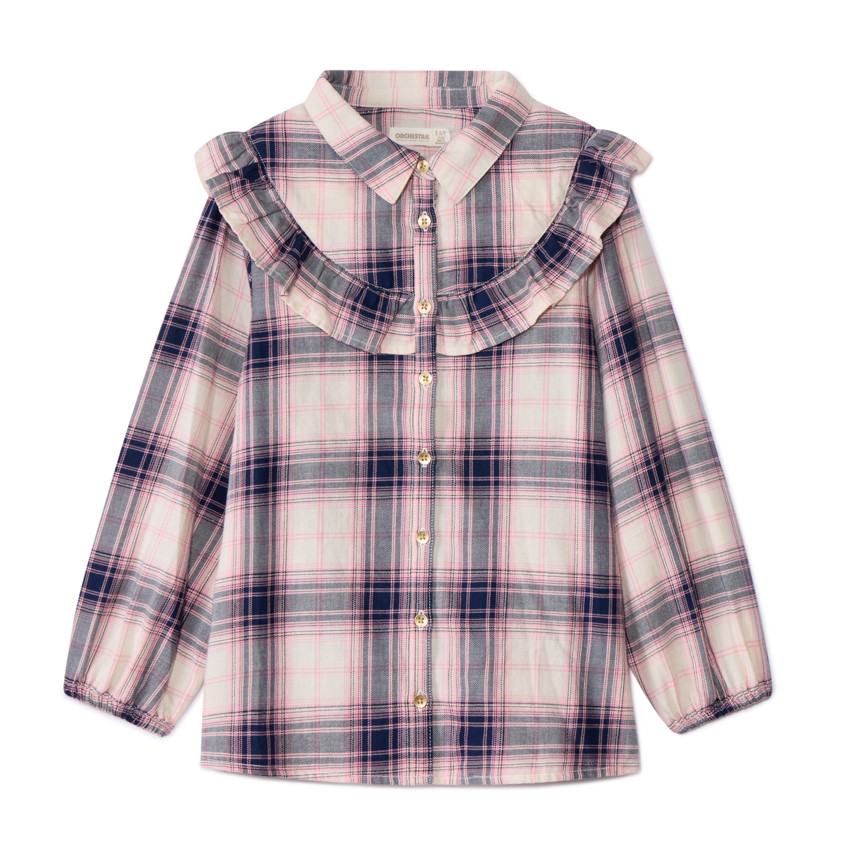 Camisa de manga larga de cuadros con volantes niña 