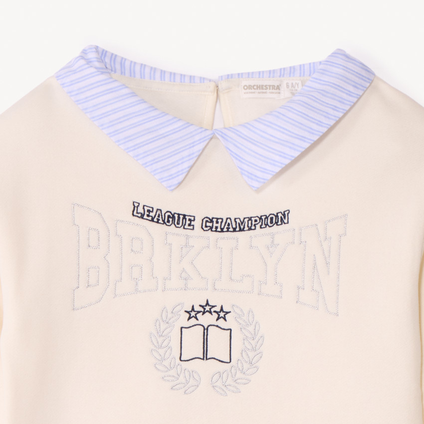 Sweat molleton avec col en popeline rayée et broderie pour fille 