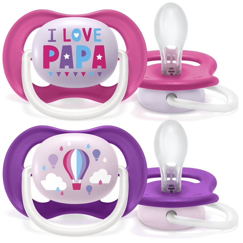 Pack de 2 chupetes de silicona I love Papa/ globo 6-18 meses - Rosa/ violeta 