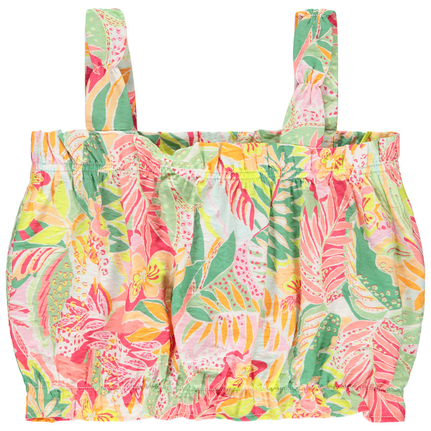 Camiseta sin mangas de gasa estampada tropical para niña 