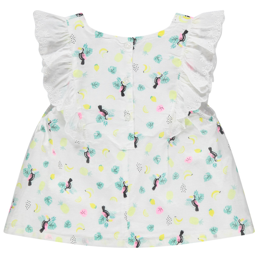 Top mangas cortas con bordado ingles y toucans estampados 