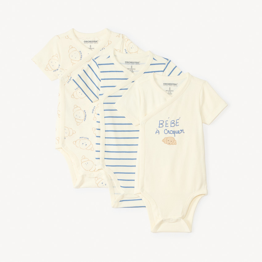 Lote de 3 bodies de manga corta con estampado de lunas para bebé niño (aperturas diferentes según la edad) 