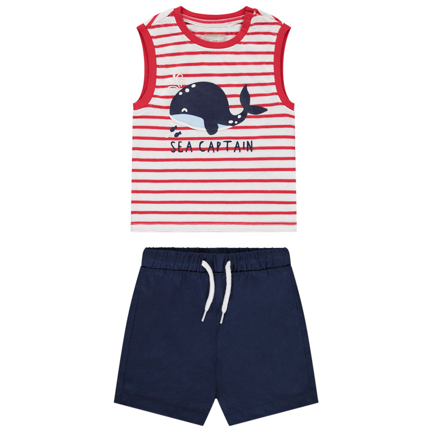 Conjunto camiseta sin mangas de rayas + short liso para bebé niño 
