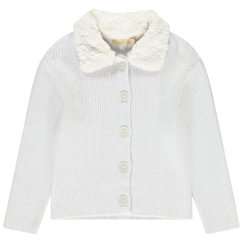 Chaqueta de punto acanalado con cuello efecto peluche para niña 