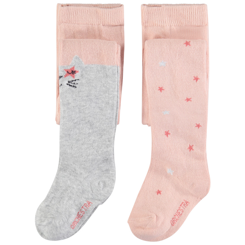 Pack de 2 leotardos estampado gato y estrellas en punto jacquard 