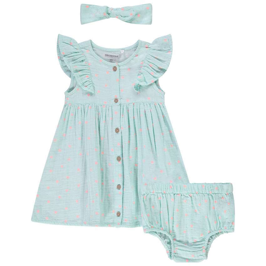 Conjunto de 3 piezas vestido + pololo + diadema de lunares para niña 
