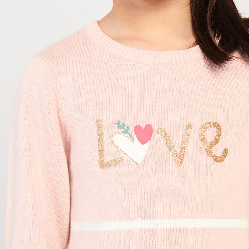 Vestido de manga larga de punto con estampado glitter y rayas para niña 