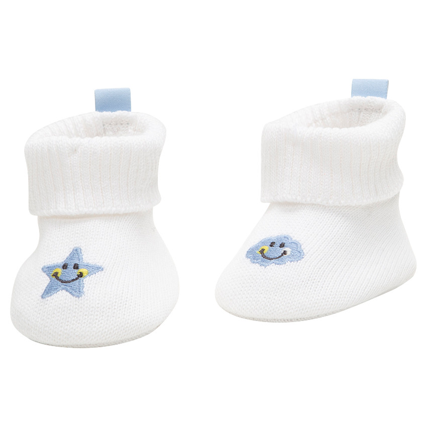 Patucos de algodón ecológico con nube azul bordada Smiley Main Patucos de algodón ecológico con nube azul bordada Smiley