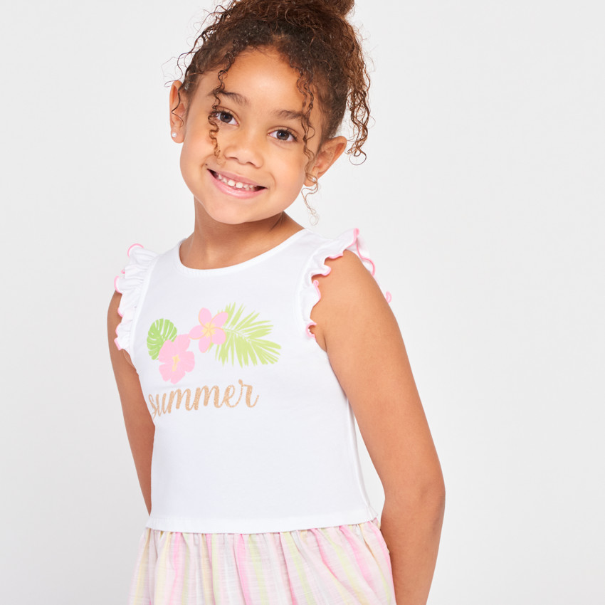 Vestido de doble material efecto 2 en 1 estampado y a rayas para niña 