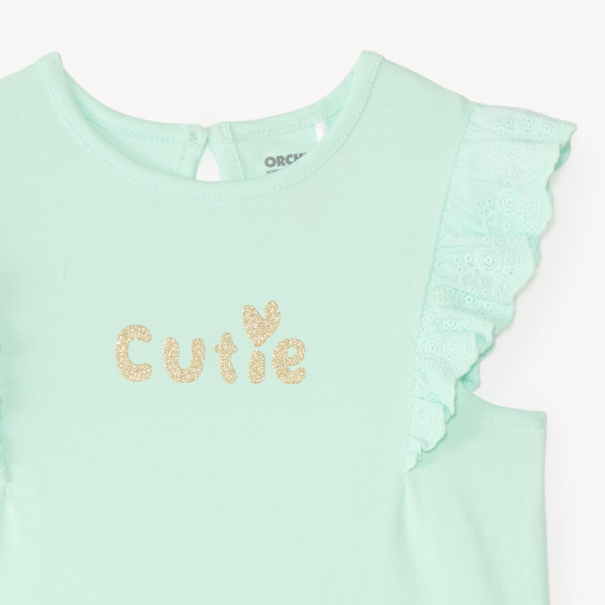 Camiseta de manga corta con volantes y estampado brillante para niña bebé. 