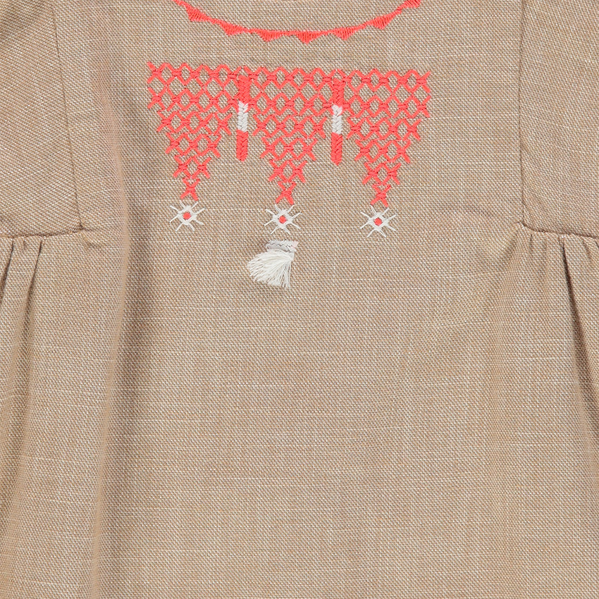 Vestido de algodón de fantasía con bordados y pompones 