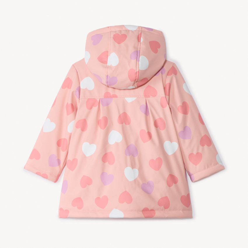 Parka goma color rosa con estampado de corazones y efecto cambio de color para bebé niña 