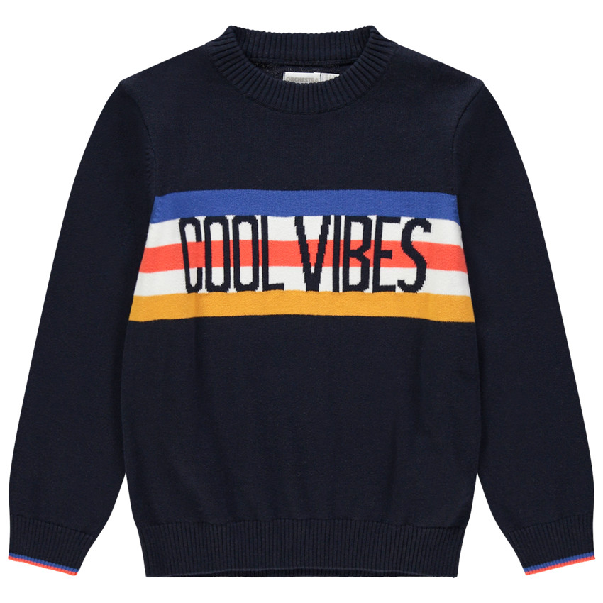 Pull en tricot à bandes contrastées et message en jacquard  Additional Pull en tricot à bandes contrastées et message en jacquard