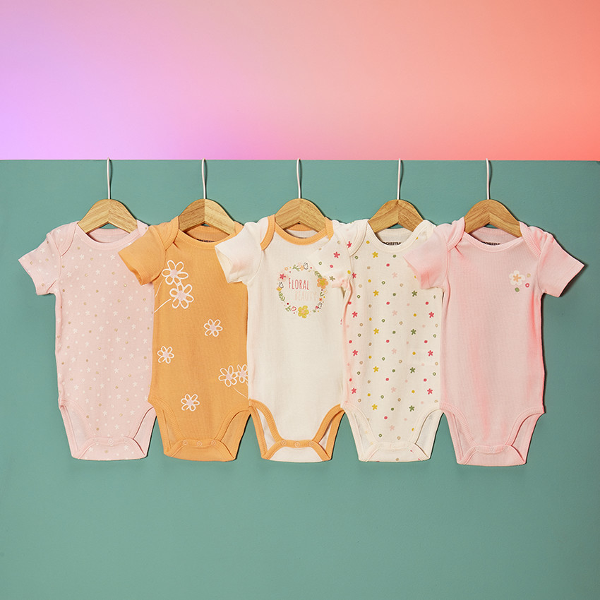 Pack de 5 bodies en punto de jersey para bebé niña 
